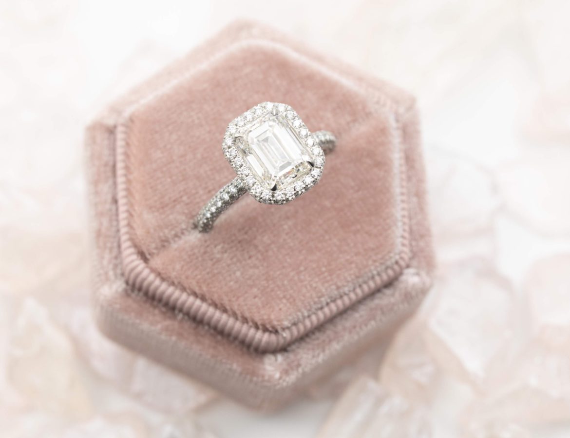 emerald cut halo engagement ring